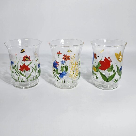 3 Hand Painted Glass Tumblers Candle Holders With Floral and Bee Designs Vintage - Picture 1 of 12
